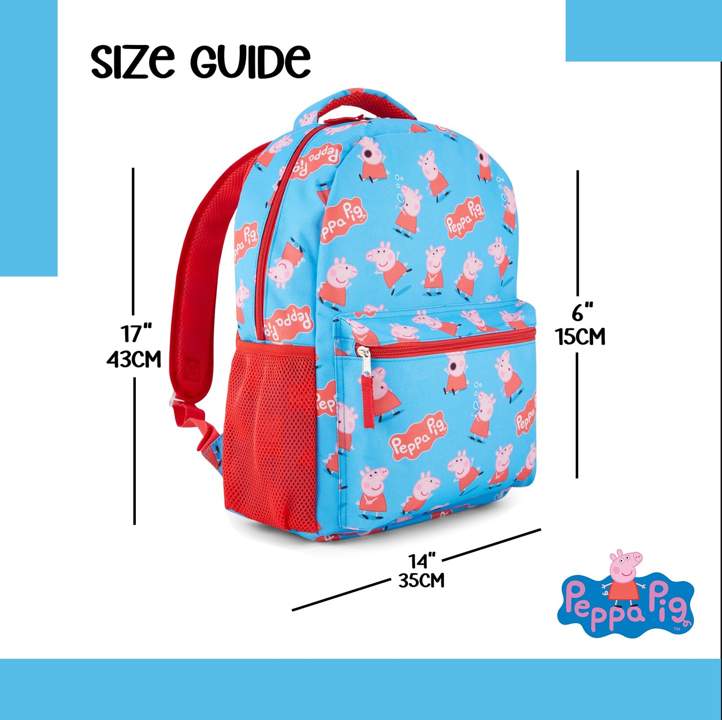Peppa Pig Backpack for Girls - Peppa, George, Mummy and Daddy - 16" Backpack For School - Front Pocket and Laptop Sleeve Backpack for Girls and Toddlers - Preschool and Elementary School Bag