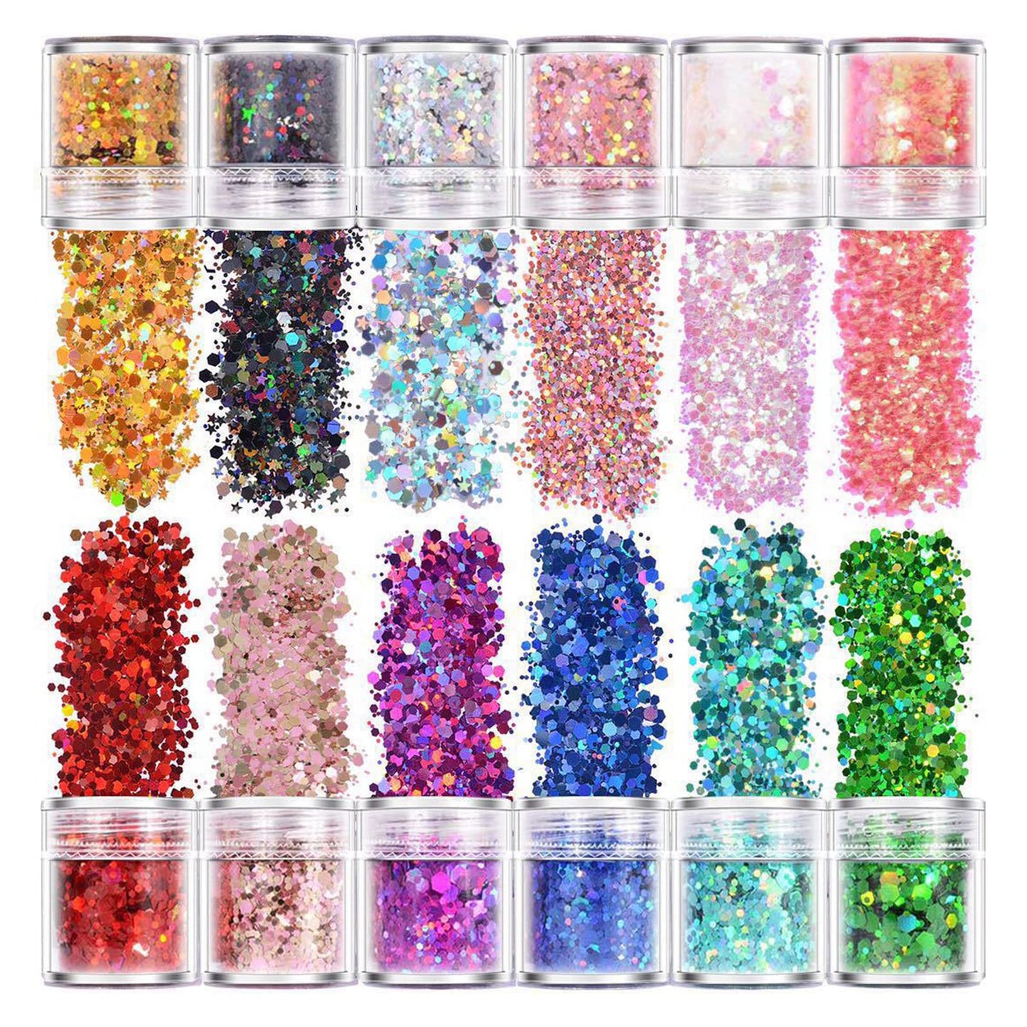 12 Jars Glitter for Body Face Hair Eye Party Beauty Makeup Temporary Tattoos 12 Colors Eyeshadow Nail Art Pigment Glitter (12)