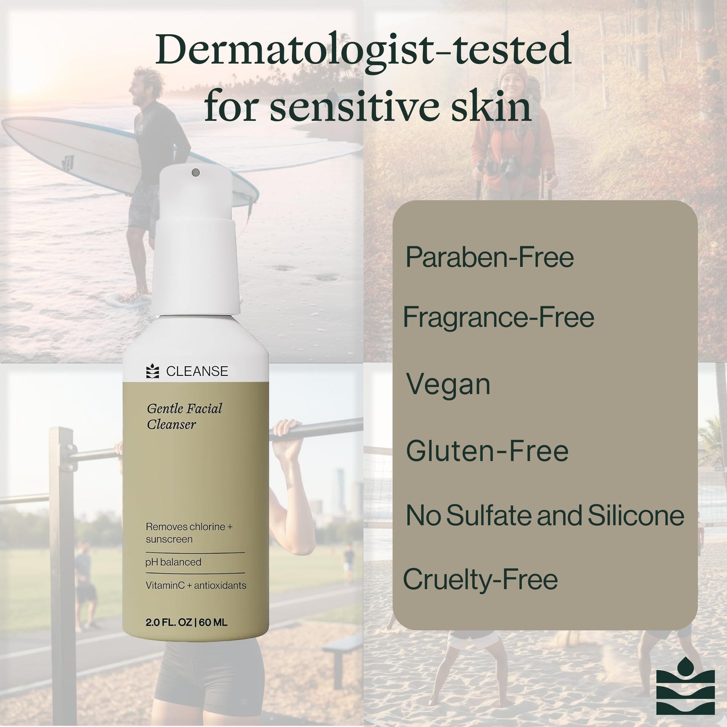 Dermasport Gentle Facial Cleanser for Athletes Hydrating Face Wash with Aloe and Hyaluronic Acid, Removes Chlorine Sweat & Sunscreen, Moisturizing