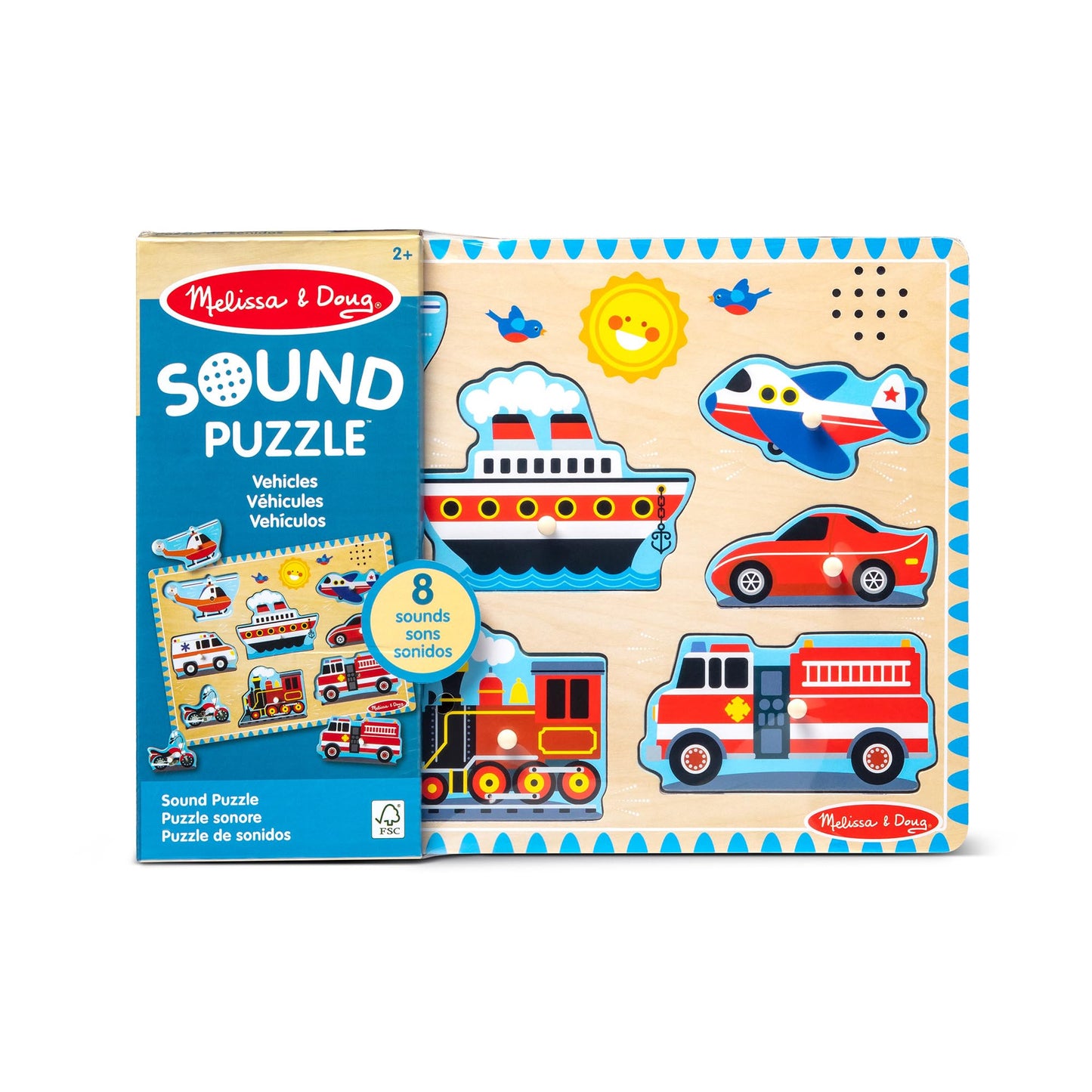 Melissa & Doug Vehicles Sound Puzzle – 8-Piece Wooden Peg Puzzle with Light-Activated Sounds, Music Learning Toy for Toddlers and Preschoolers Ages 2+