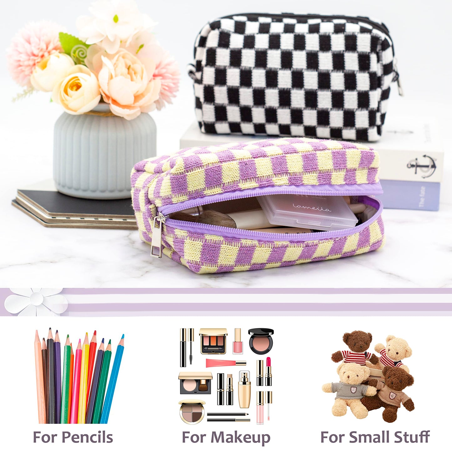PAZIMIIK Checkered Makeup Bag for Purse Portable Zipper Make Up Pouch Small Cosmetic Case for Travel Accessories (Purple) Beauty and Personal Care PAZIMIIK