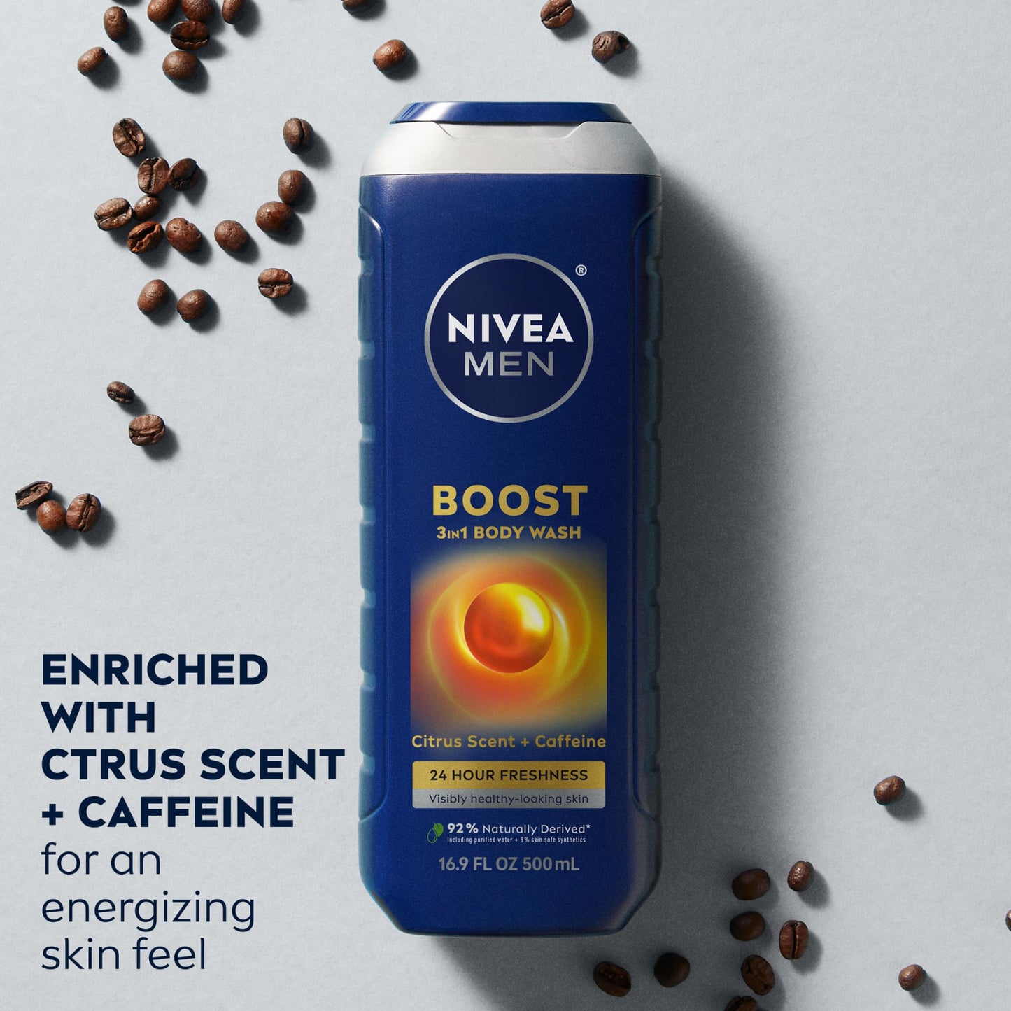 NIVEA MEN Boost Body Wash, Citrus Scent and Caffeine Enriched, 3-in-1 Men's Body Wash, Face and Hair, Paraben Free, Vegan Formula, 16.9 Fl Oz Bottle