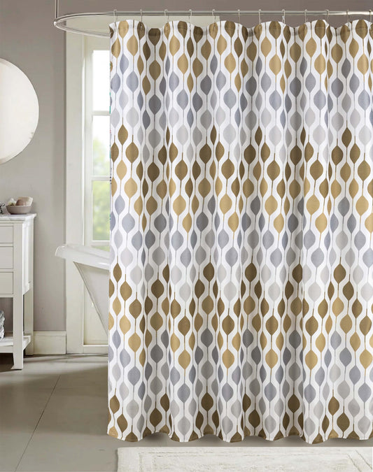 Serafina Home Grey Brown Taupe White Fabric Shower Curtain for Bathroom: Farmhouse Geometric Teardrop Border Design