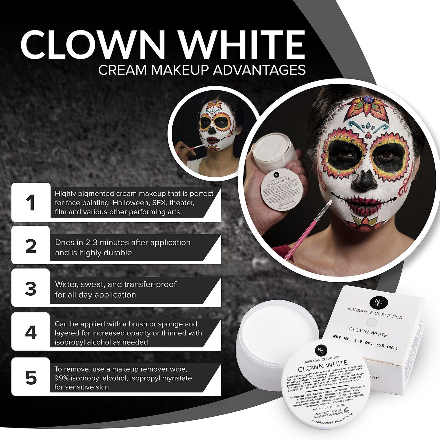 Narrative Cosmetics Clown White Cream Makeup, Quick Drying Professional Face Paint for the Stage, Film, Halloween, and Cosplay, 1.9 Oz.