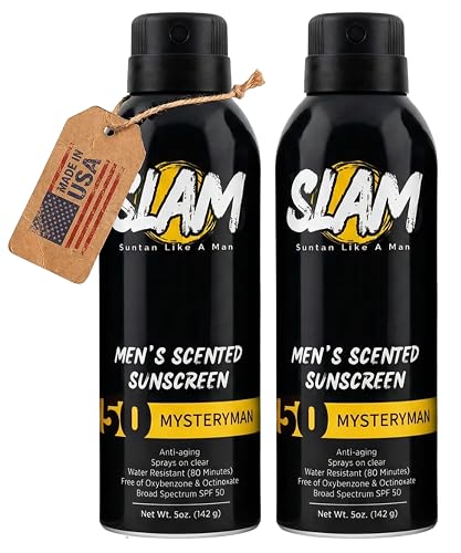 SLAM Men’s Sunscreen SPF 50 Spray - Broad Spectrum UVA/UVB Protection - Non-Greasy & No Harsh Chemicals - MysteryMan Sandalwood Tonka Bean Sage
