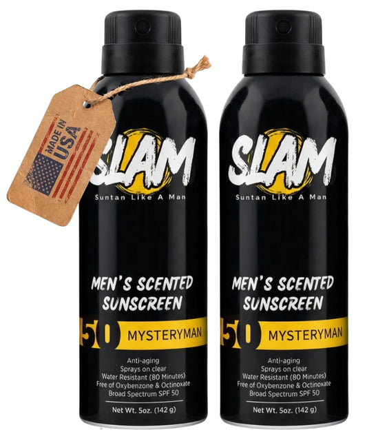 SLAM Men’s Sunscreen SPF 50 Spray - Broad Spectrum UVA/UVB Protection - Non-Greasy & No Harsh Chemicals - MysteryMan Sandalwood Tonka Bean Sage