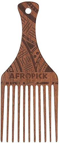 AFROPICK Wood Hair Pick for Long, Thick, Curly, & Afro Hair (Engraved Brown)