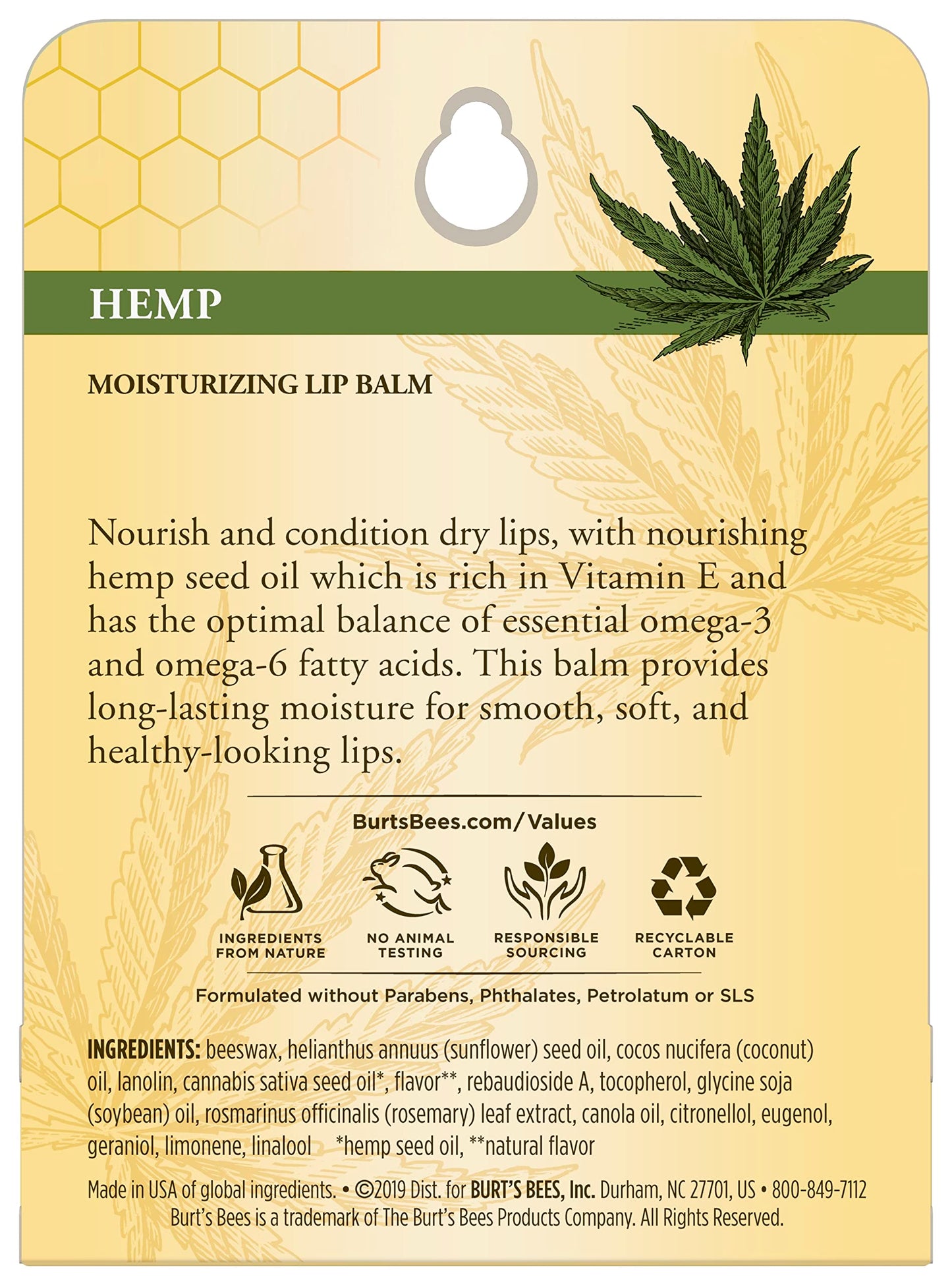 Burts Bees 100% Natural Origin Moisturizing Lip Balm, Hemp with Beeswax, 0.15 Oz