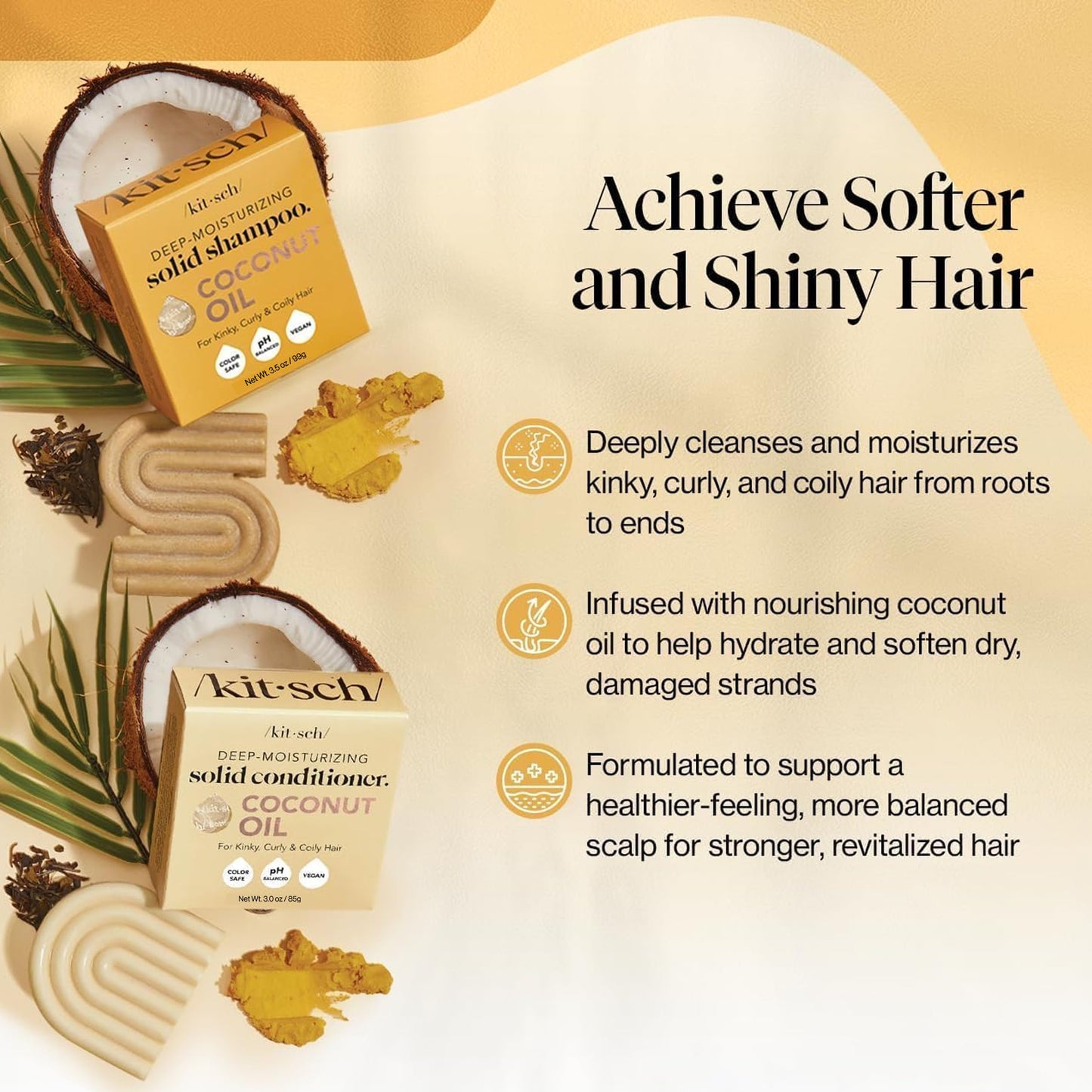 Kitsch Coconut Oil Shampoo and Conditioner Set - Deep Moisturizing Shampoo and Conditioner Bar for Dry Damaged Hair - Hydrating Solid Bars for Curly