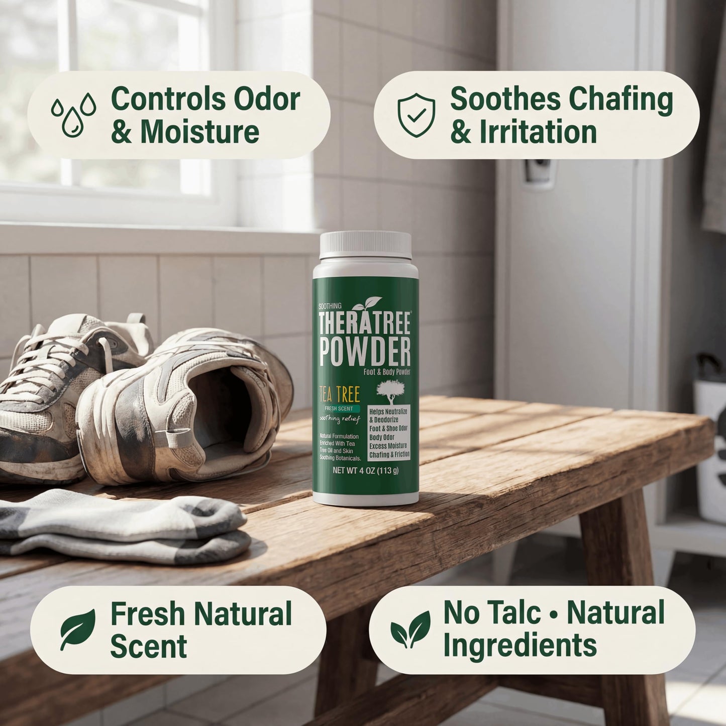 TheraTree Foot, Body and Shoe Powder with Tea Tree for Odor and Moisture Control with Organic and Natural Ingredients - Fresh Scent 4 oz