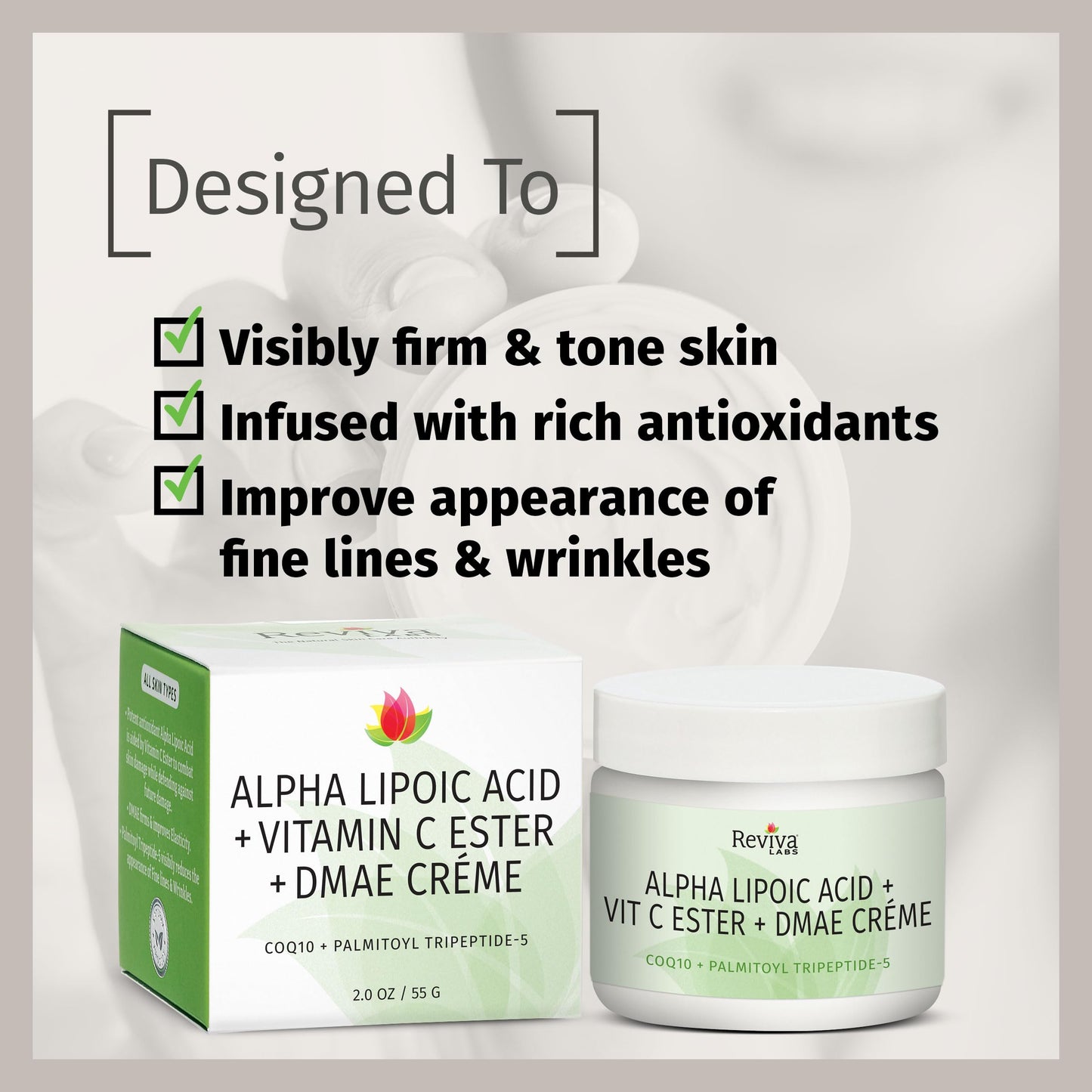 Reviva Labs DMAE Cream with Alpha Lipoic Acid, Vitamin C Ester - DMAE Lift and Firm Cream for Neck and Face - Skin Firming and Moisturizing Cream