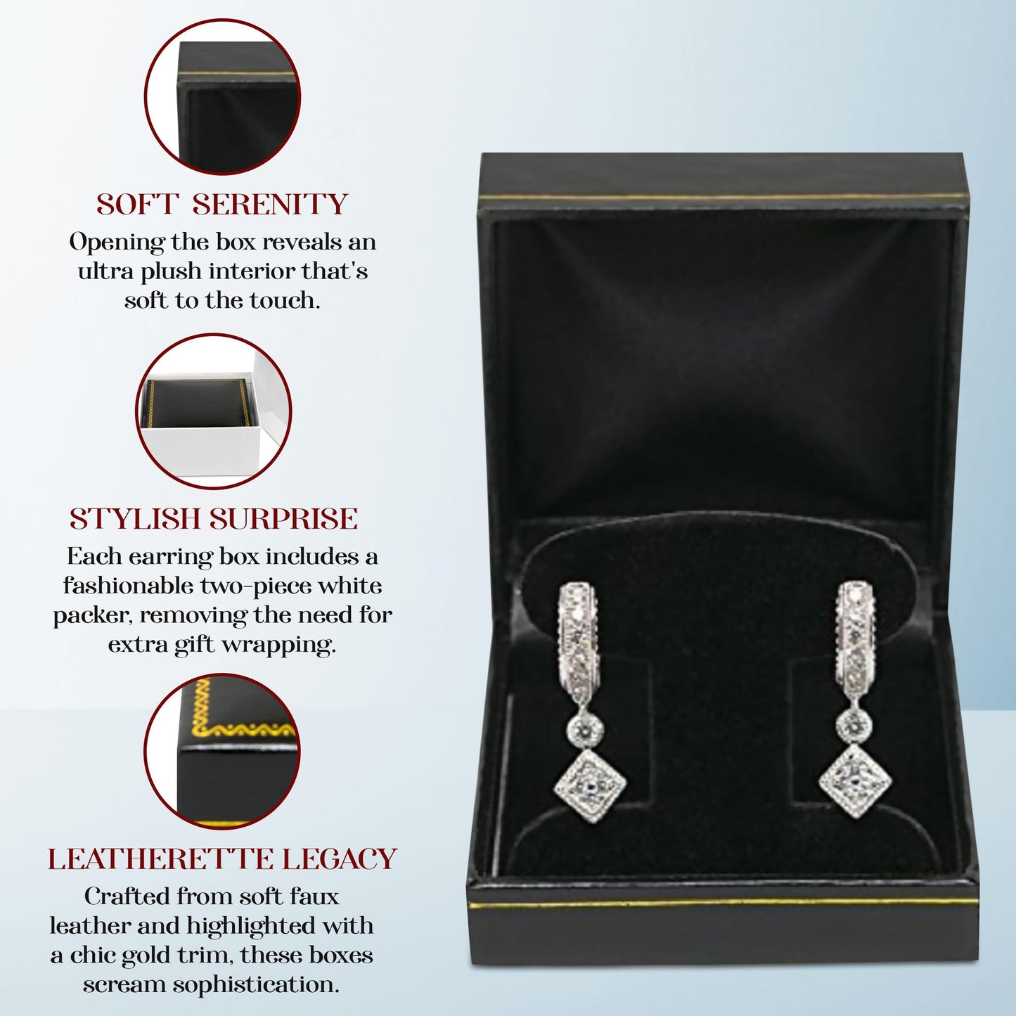 Novel Box Black Jewelry Box for Earrings Tree 2.5x2.75x1.62 Inches - Earring Gift Boxes with Gold Trim - Faux Leatherette Earring Storage Case - Gift…