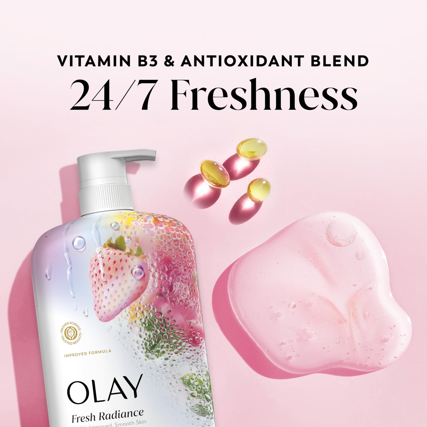 Olay Body Wash for Women, Fresh Radiance, 24/7 Skin-Loving Freshness, Visibly Radiant, Plant Based Cleansers, Vitamin B3 & Antioxidant Blend, For All
