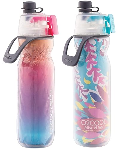 O2COOL Arctic Squeeze Insulated Mist 'N Sip Water Bottle | 2 Pack- 20 oz | BPA Free, 2-in-1 Mist and Sip Function w/No Leak Pull Top Spout (Ras