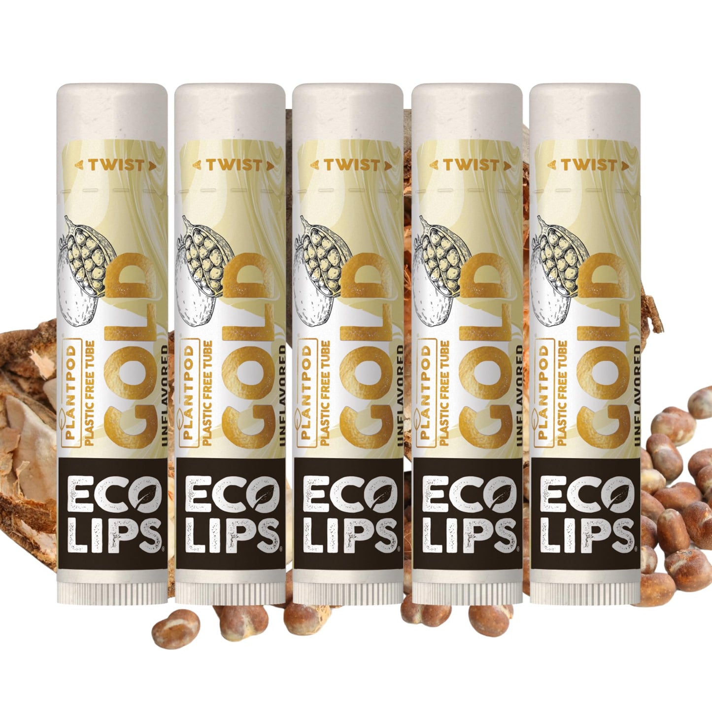Eco Lips GOLD Organic Lip Balm with Baobab Oil - Soothe and Moisturize Dry, Cracked and Chapped Lips - 100% Plastic-Free Plant Pod Packaging (6 Tubes)
