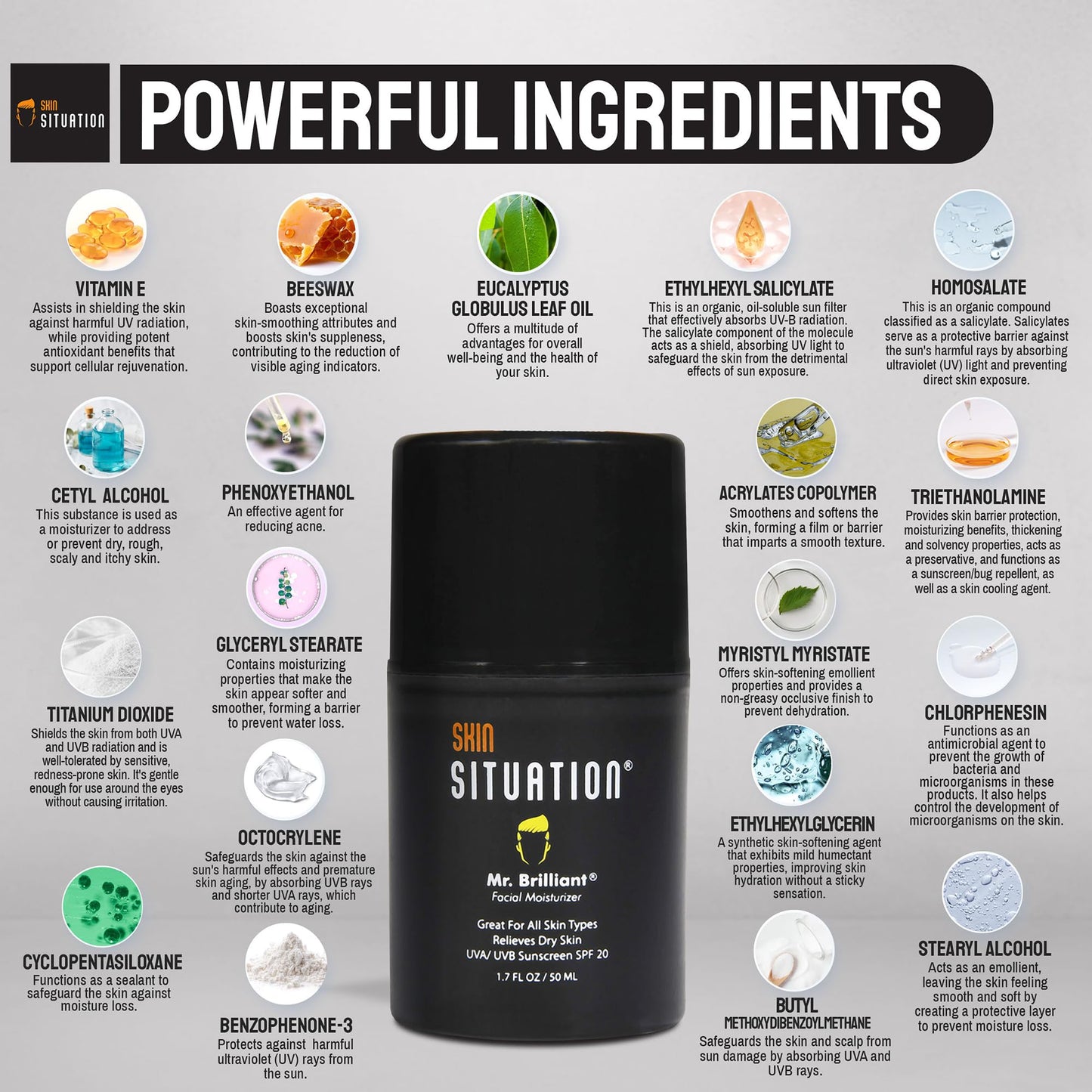 Mr. Brilliant Men Face Moisturizer Age Defense with SPF 20 Daily Face Cream Skincare, Hydrates Dry and Oily Skin, Reduces Fine Lines, Wrinkles