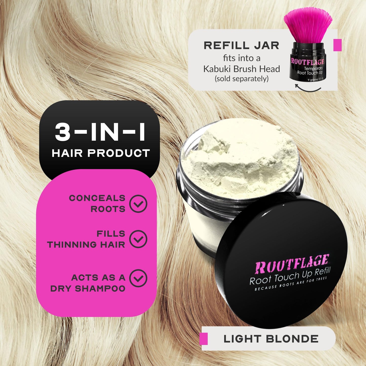 Rootflage Instant Blonde Root Touch Up - Temporary Hair Color with Thinning Hair Concealer and Brush (02 Light Blonde)