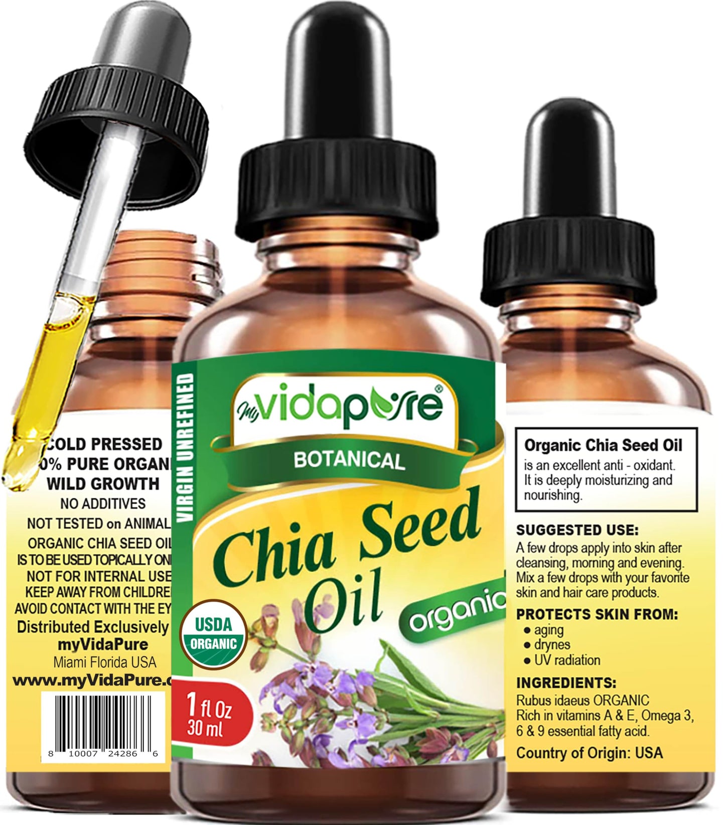 MYVIDAPURE Organic CHIA SEED OIL Certified Organic 100% Natural Pure VIRGIN UNREFINED Undiluted Cold Pressed Carrier Oil for Face Skin Body Hair Lip