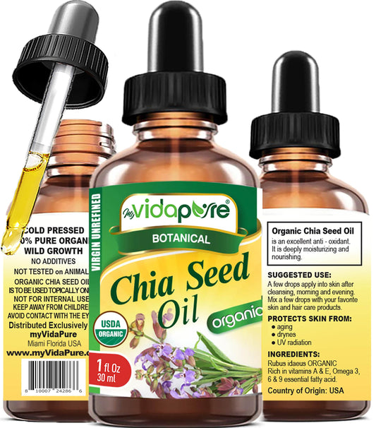 MYVIDAPURE Organic CHIA SEED OIL Certified Organic 100% Natural Pure VIRGIN UNREFINED Undiluted Cold Pressed Carrier Oil for Face Skin Body Hair Lip
