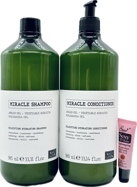 Maxy Look MIracle Silkifying Hydrating Shampoo and Conditioner 33.31 fl oz/985ml -Free Starry Lip Plumping Gloss 10ml (Compared to Maxima Nook)
