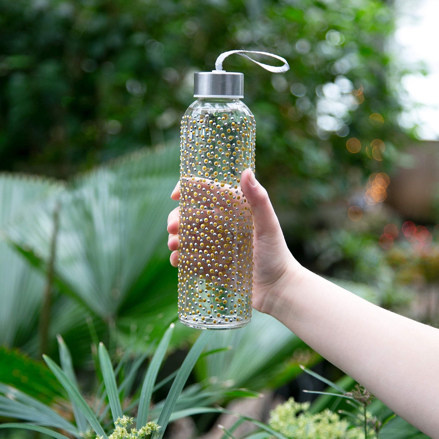 Pavilion Gift Company 16.5 Oz Hand Decorated Glass Water Bottle With Sealed Metal Twist Off Lid Silver & Gold Polka Dot, Gold