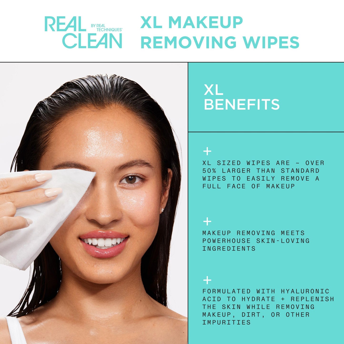 Real Techniques Real Clean XL Hydrating Facial Wipes, Infused With Hyaluronic Acid, Dual-Usage Cleansing Wipes Repair Skin & Gently Remove Makeup