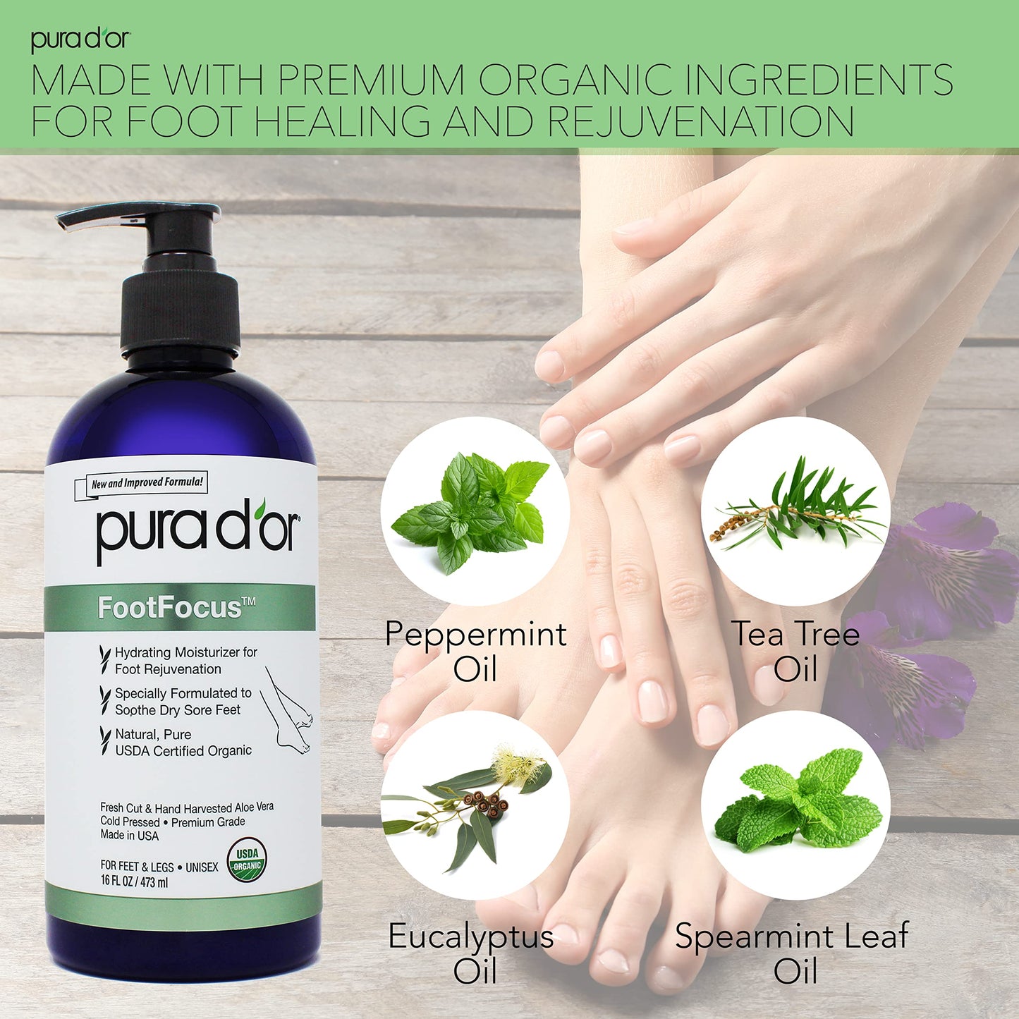 PURA D'OR 16 Oz FootFocus Organic Aloe Vera Gel For Severe Cracked Heel Repair Foot Care Products - Soothes Sore Feet Extra Strength Feet Care
