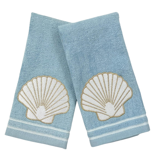 Coastal Bathroom Fingertip Towels - Set of 2 Light Blue 100% Cotton Embroidered Seashell with Gold Outline Design - 18 x 12” Decorative Bath…