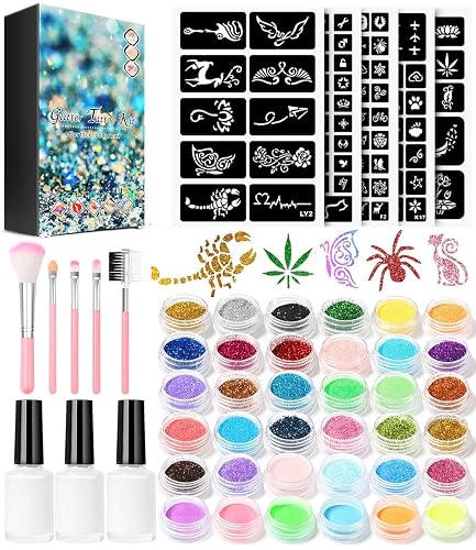 Temporary Glitter Tattoo Kit for Kids makeup,30 Body Glitter,3 Glitter Glue,5 Sheets Tattoos Stencil,5 Pcs Makeup Brush,6 Fluorescent