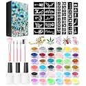 Temporary Glitter Tattoo Kit for Kids makeup,30 Body Glitter,3 Glitter Glue,5 Sheets Tattoos Stencil,5 Pcs Makeup Brush,6 Fluorescent