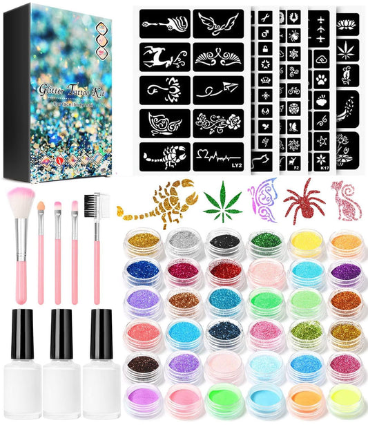 Temporary Glitter Tattoo Kit for Kids makeup,30 Body Glitter,3 Glitter Glue,5 Sheets Tattoos Stencil,5 Pcs Makeup Brush,6 Fluorescent