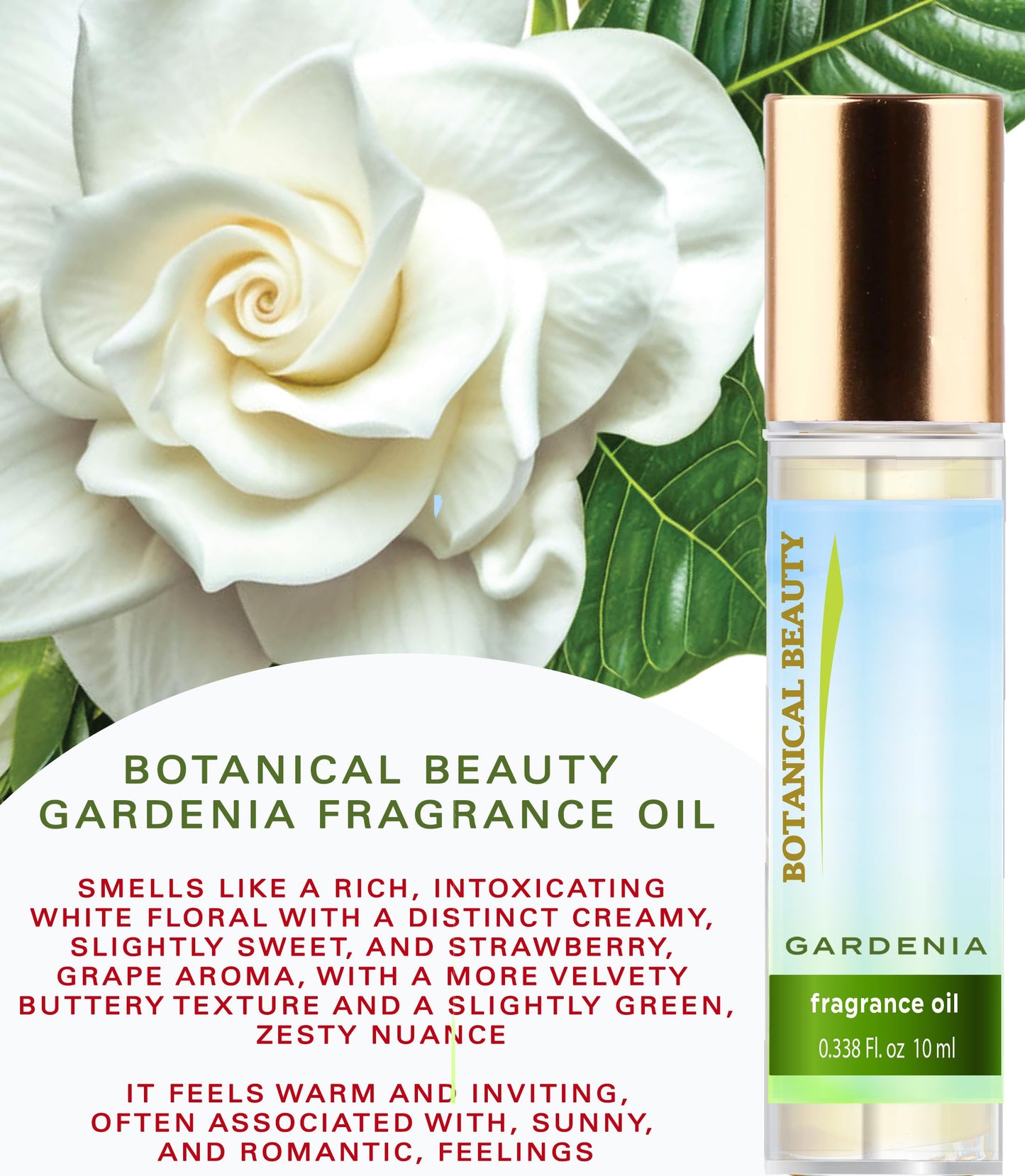Botanical Beauty GARDENIA FRAGRANCE OIL ROLL-ON 0.169 Fl Oz 5 ml Rollerball Perfume, Long Lasting an luxury scent of blend of Lily of the Valley