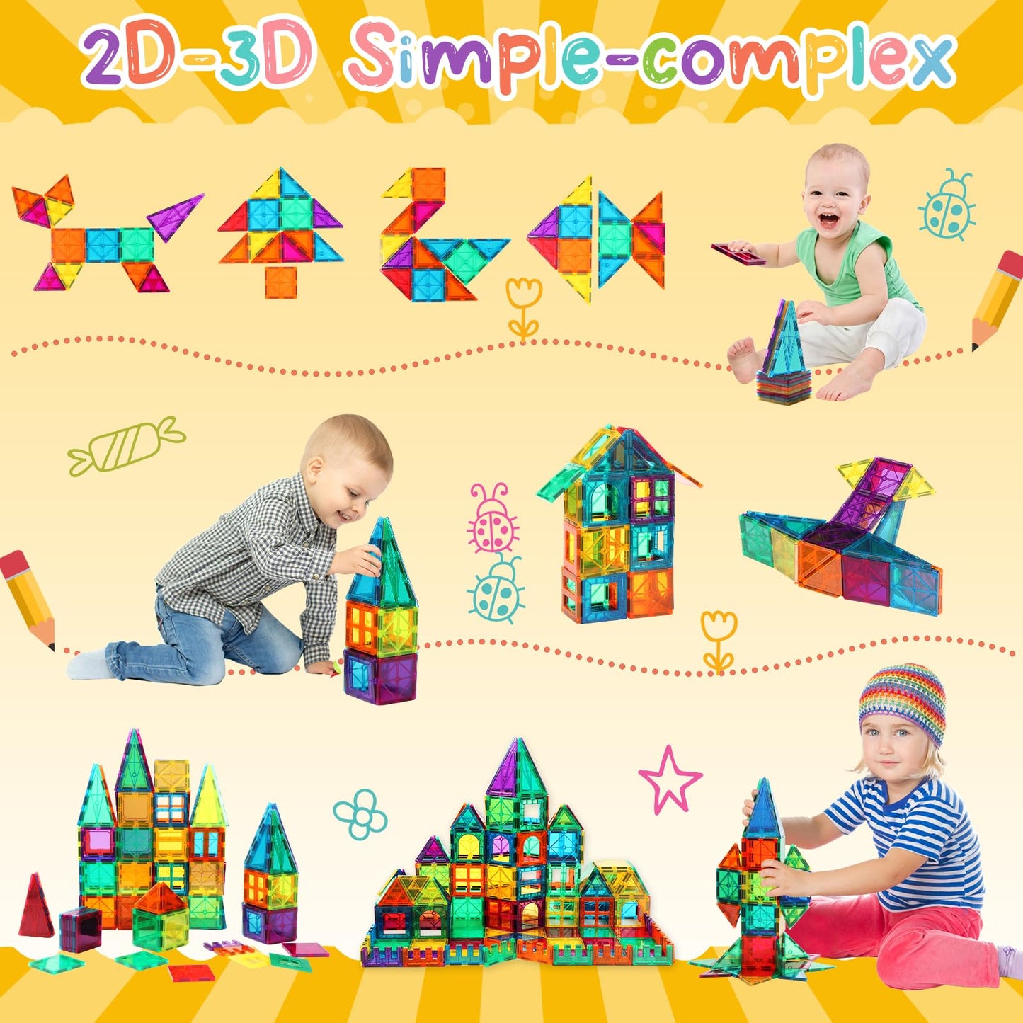 FNJO Magnetic Tiles 110pcs – Magnet Building Blocks Set, STEM Construction Toys for Kids, Montessori Preschool Learning & Classroom Play