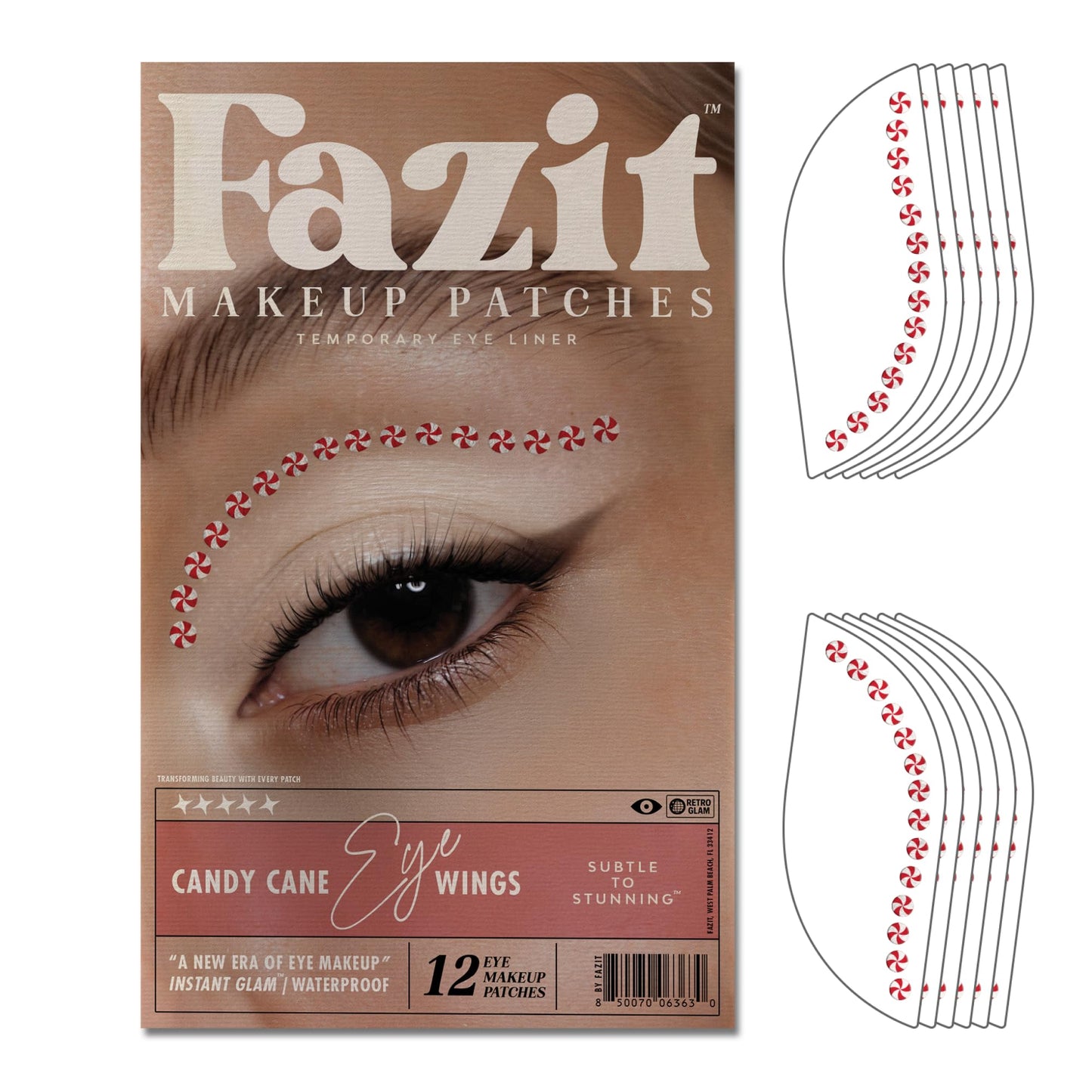 Fazit Makeup Patches - Candy Cane Eye Wings - Glow Up Make-Up Patches - Cute Glitter Makeup Accessories For Women - Cosmetic Glitter For Face
