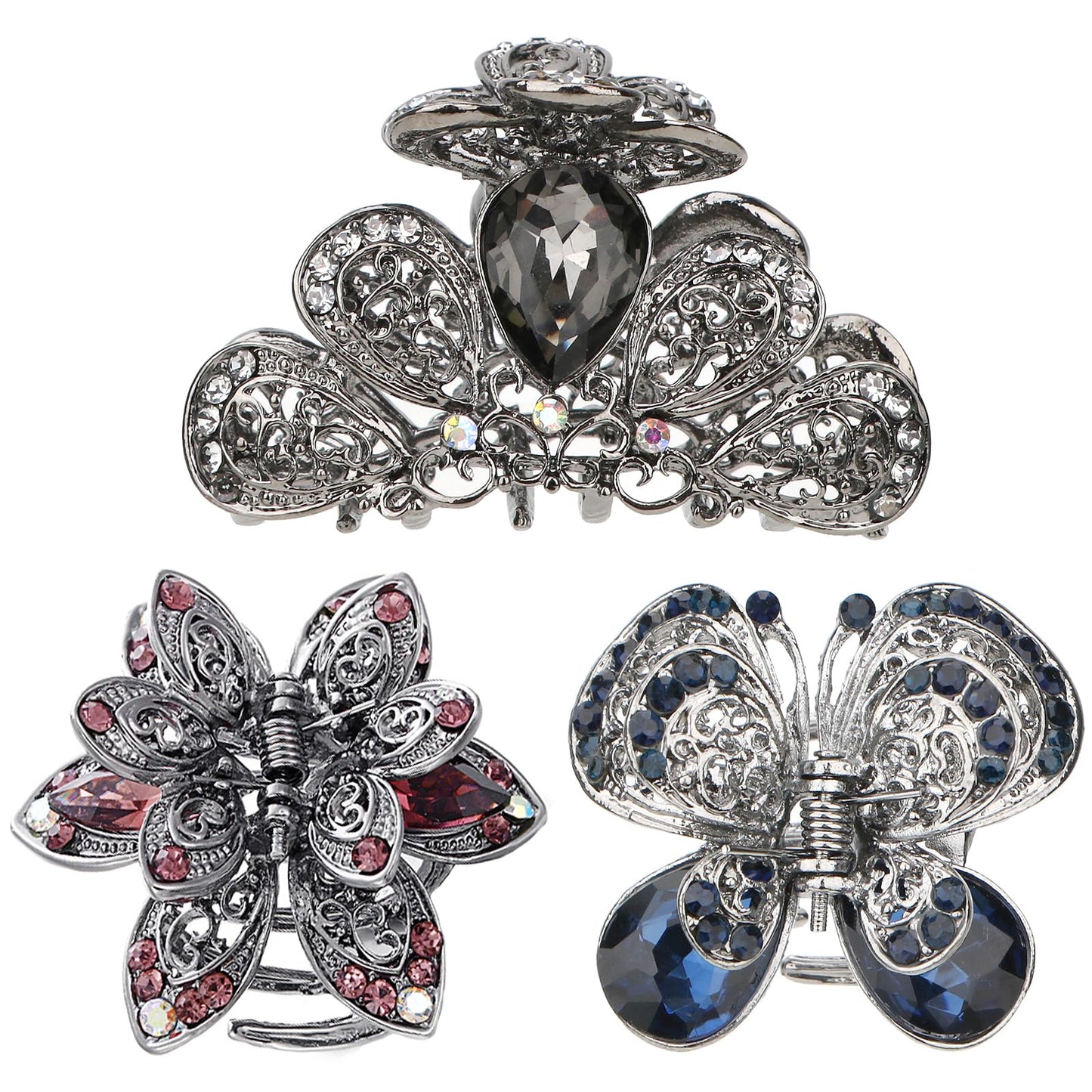 kilofly 3pc Vintage Crystal Hair Claw Clips Long Thick Hair Metal Clamps