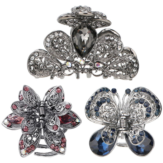 kilofly 3pc Vintage Crystal Hair Claw Clips Long Thick Hair Metal Clamps