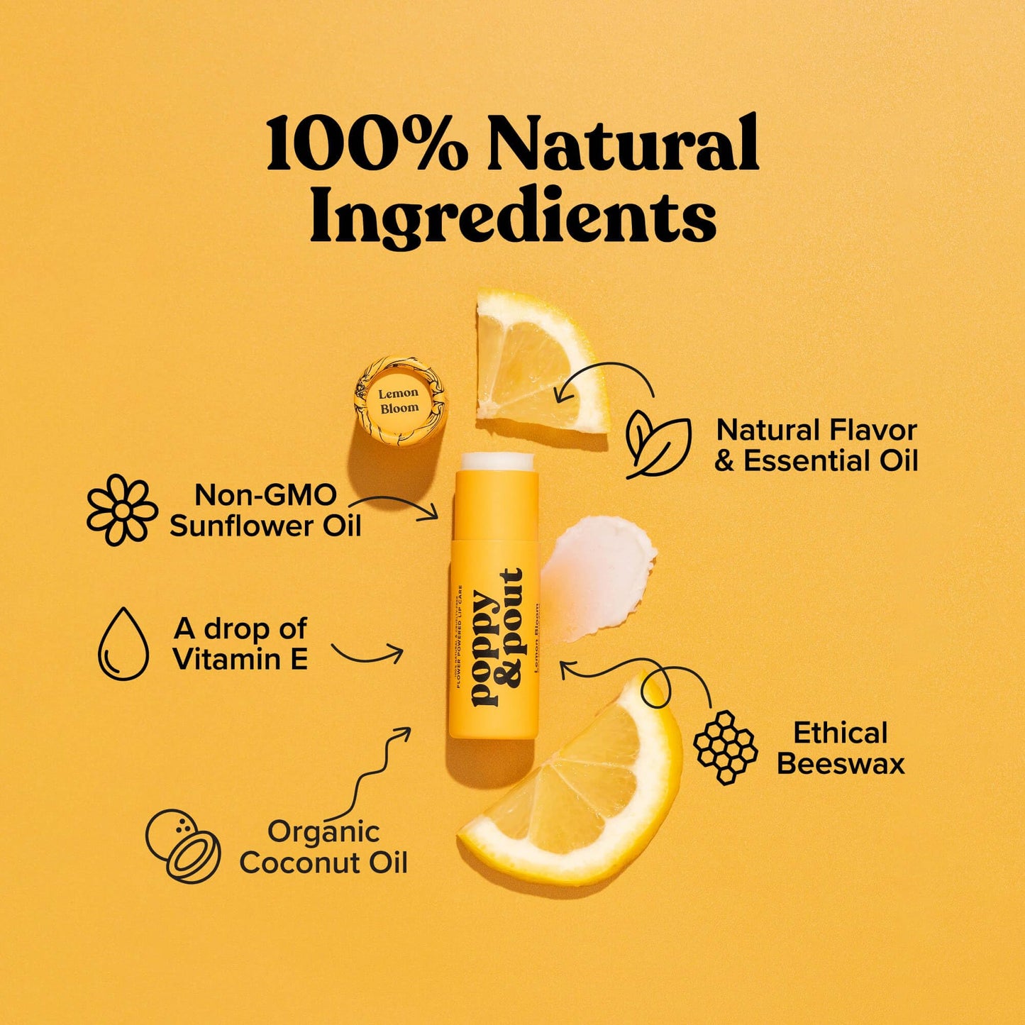 Poppy & Pout Lemon Bloom Jumbo Lip Balm | All Natural Lip Balms & Moisturizers | Hydrates with Beeswax, Vitamin E, Organic Coconut Oil | Cruelty-Free