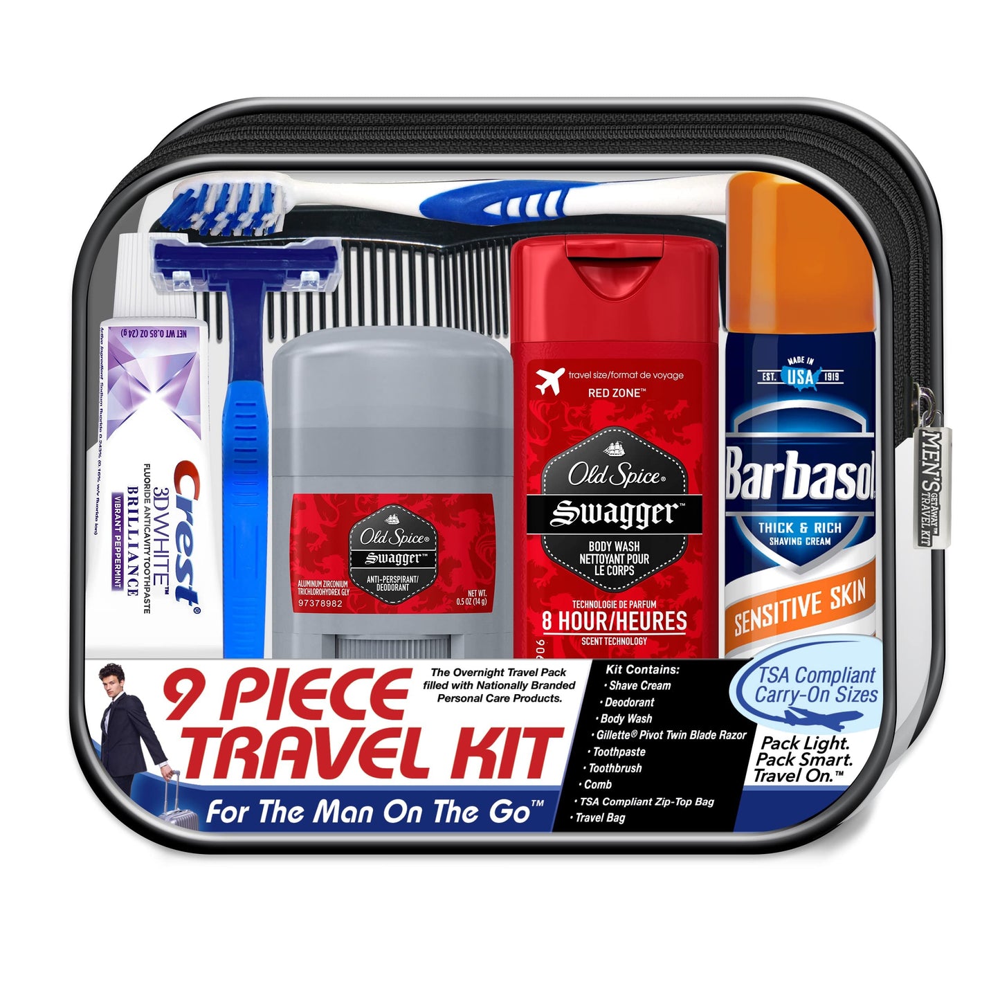 Convenience Kits International Men's Deluxe, 9-Piece Kit with Travel Size TSA Compliant Essentials , Featuring: Old Spice Products in Reuseable