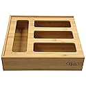 HELIA Bamboo Zip Storage Bag Organizer for Kitchen Drawer and Wall Mount | Solid Bamboo Food Storage Bag Holder | Plastic Bag Organizer for Sandwich…