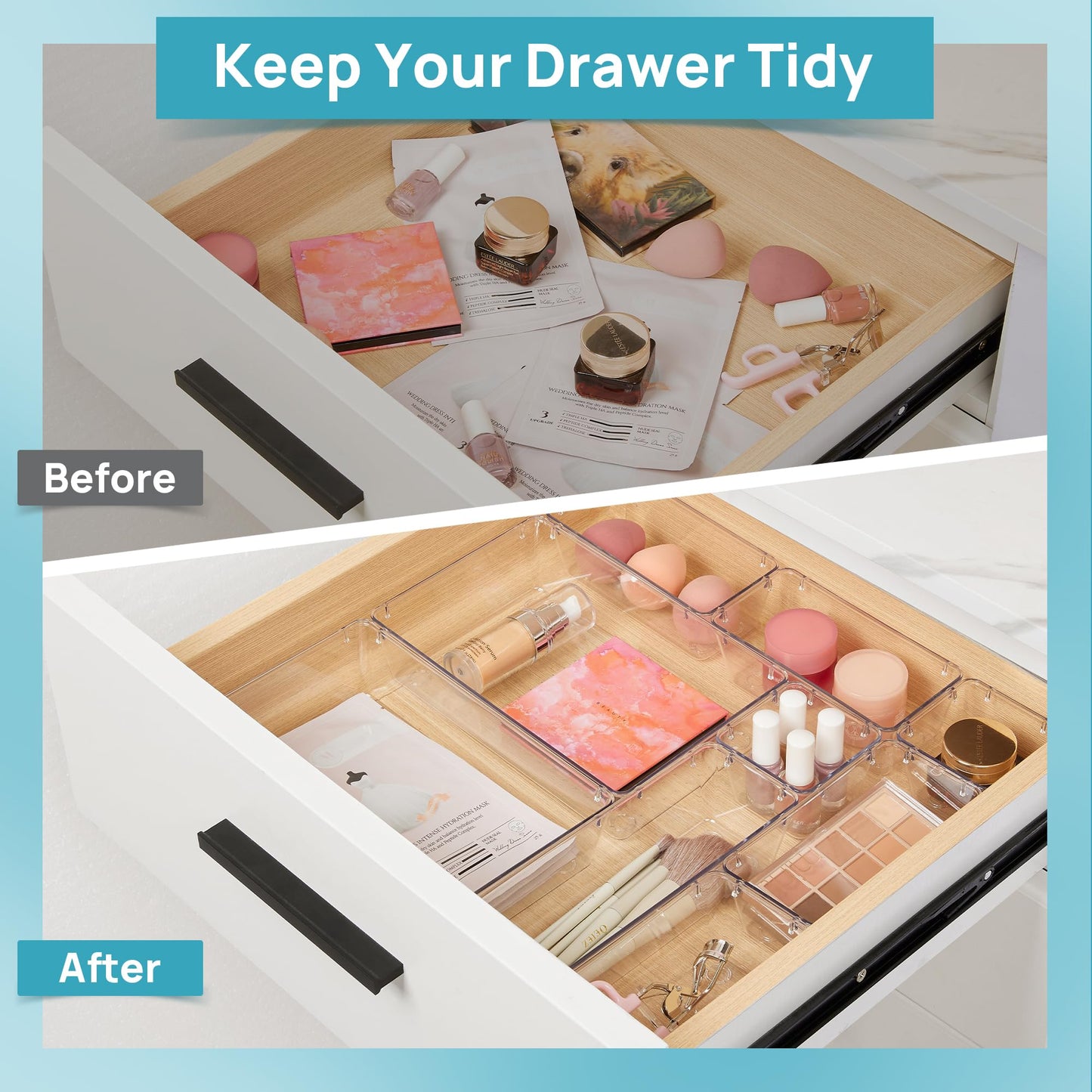 Vtopmart 10 Pcs Makeup Drawer Organizer Bins Set, 4 Size Plastic Makeup and Vanity Organizer Trays, Clear Acrylic Vanity Storage Containers Beauty and Personal Care Vtopmart
