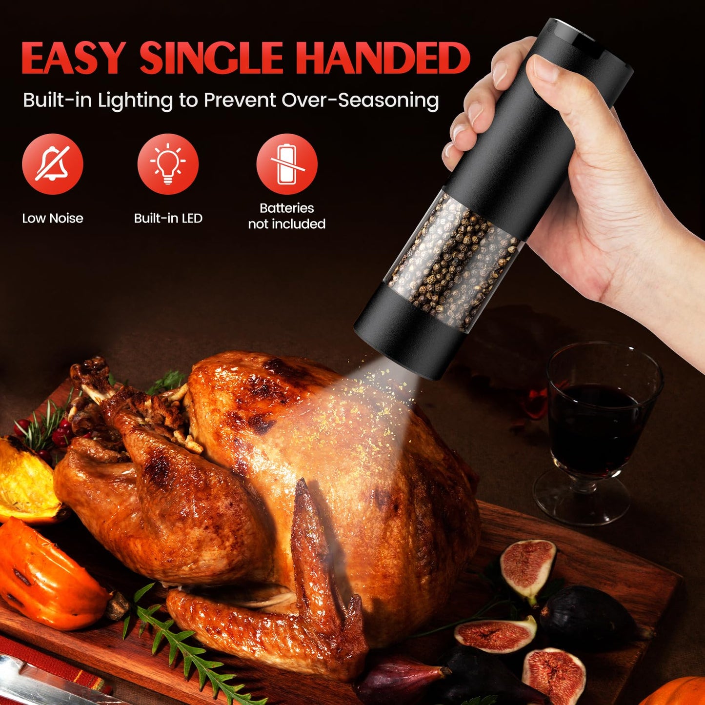 Electric Salt & Pepper Grinder Set, Automatic Battery Operated Mills with Adjustable Coarseness, LED Light & Large Capacity, 2-Pack, Black
