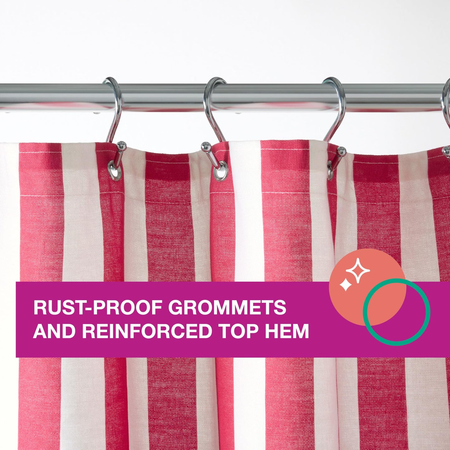 TOWN & COUNTRY PLAY Adeline Offset Stripe Cotton-Rich Breathable Fabric Shower Curtain with Anti-Rust Grommets, Pink/Beige/Yellow, 70"x72"