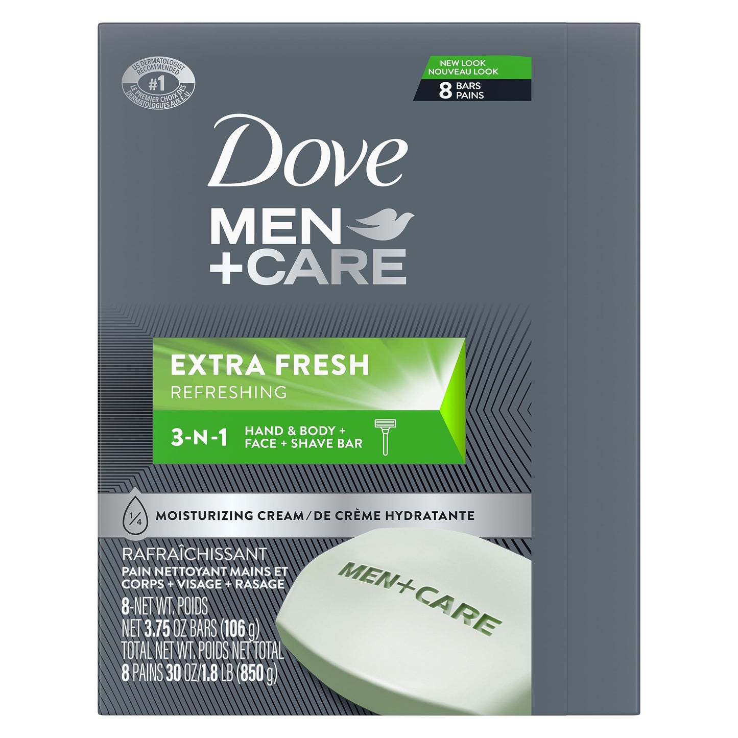 DOVE MEN + CARE 3 in 1 Bar Cleanser for Body, Face, and Shaving Extra Fresh Body and Facial Cleanser More Moisturizing Than Bar Soap to Clean