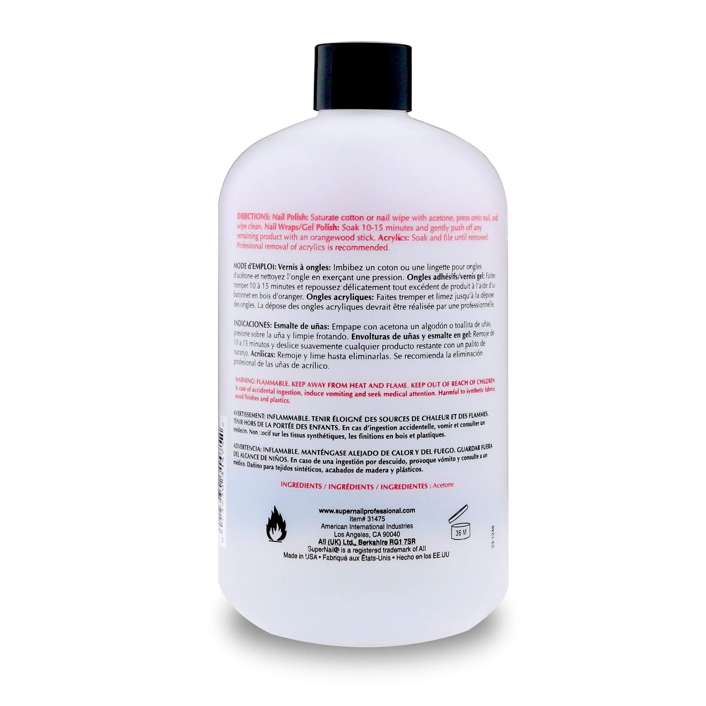 Supernail Pure Acetone Nail Polish Remover - Professional Strength for Acrylic, Gel & Dip Powder, Fast & Quick Gel Nail Polish Remover, 16 fl oz