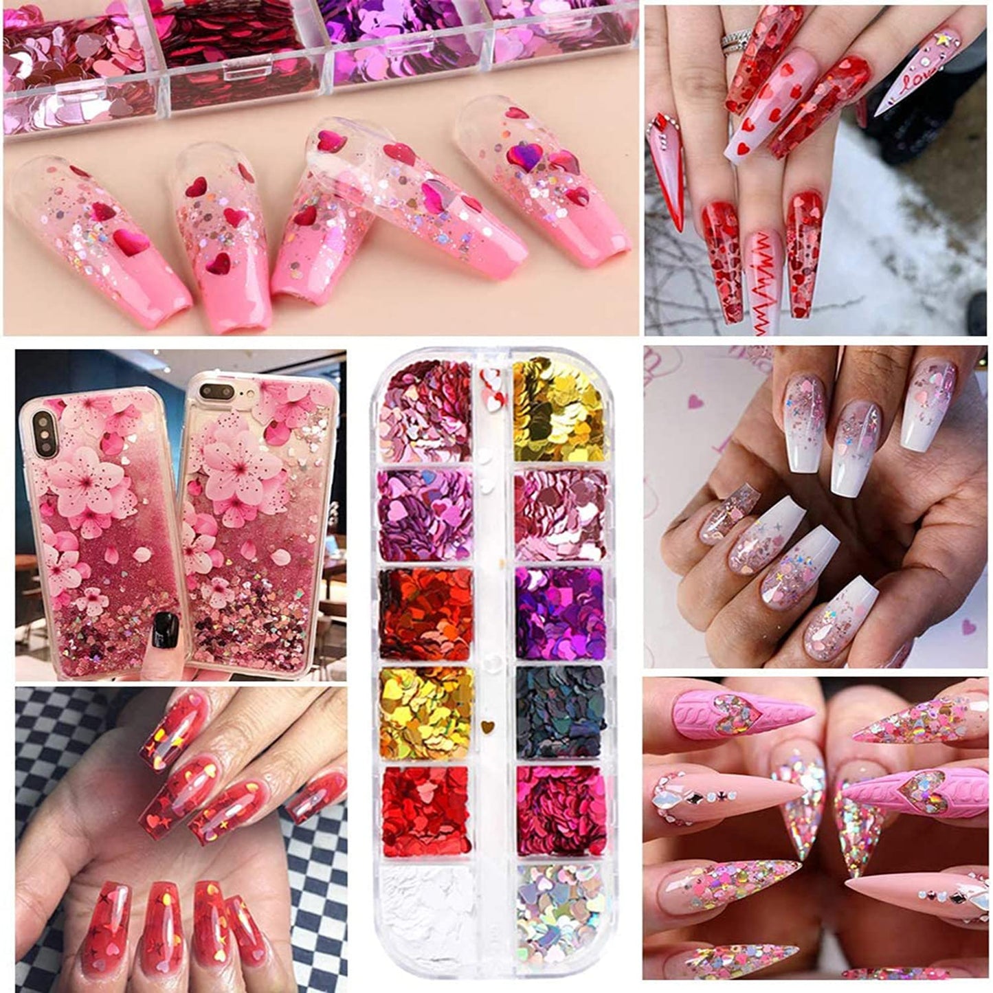 12 Colors Heart Holographic Nail Glitter Sequin Accessories Colorful 3D Heart Nail Flakes Powder UV Gel Polish Acrylic Design for Women Girls Manicure