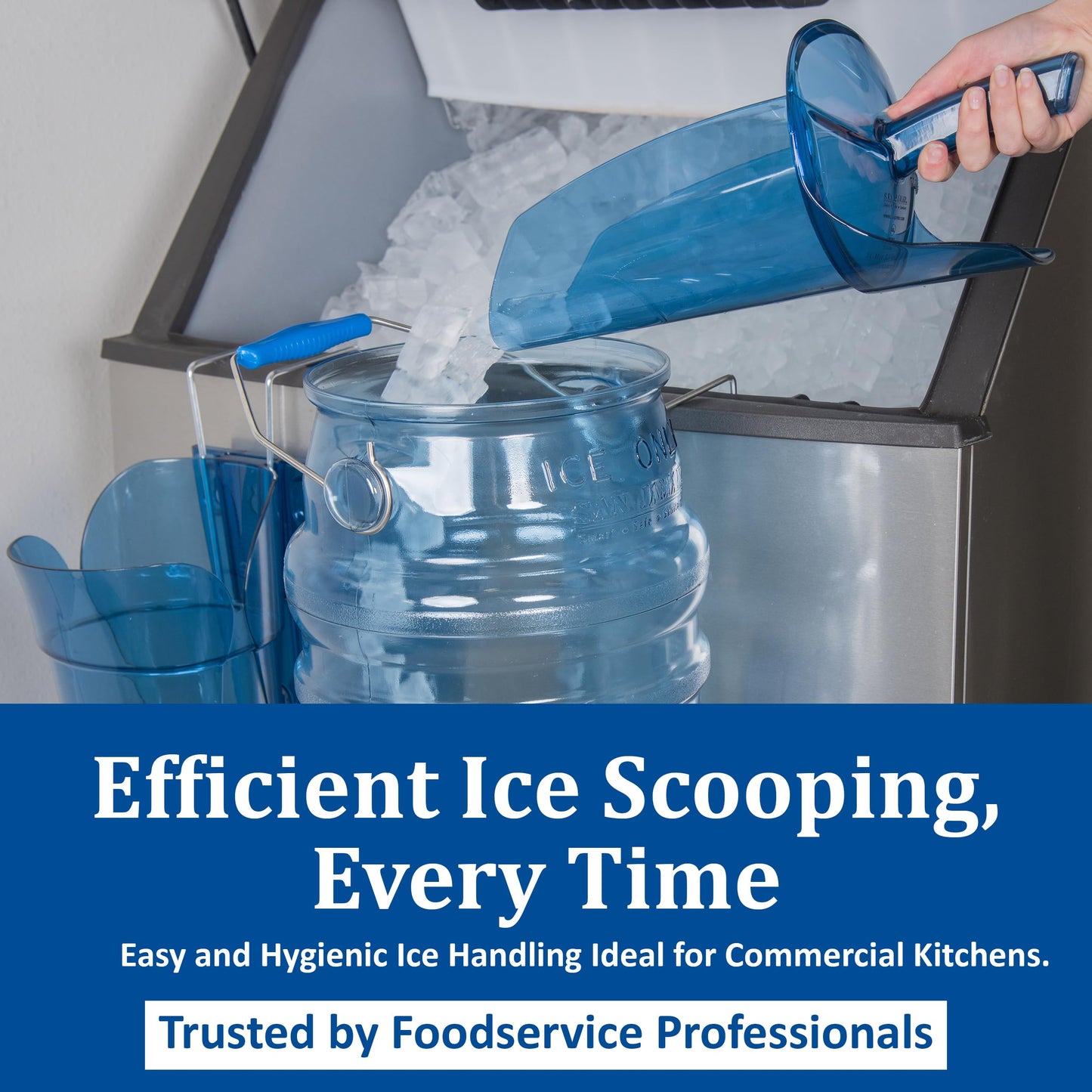 San Jamar Saf-T-Scoop Ice Scoop with Storage Caddy for Kitchens, Restaurants, And Fast Food, Plastic, 64 To 86 Ounces, Blue