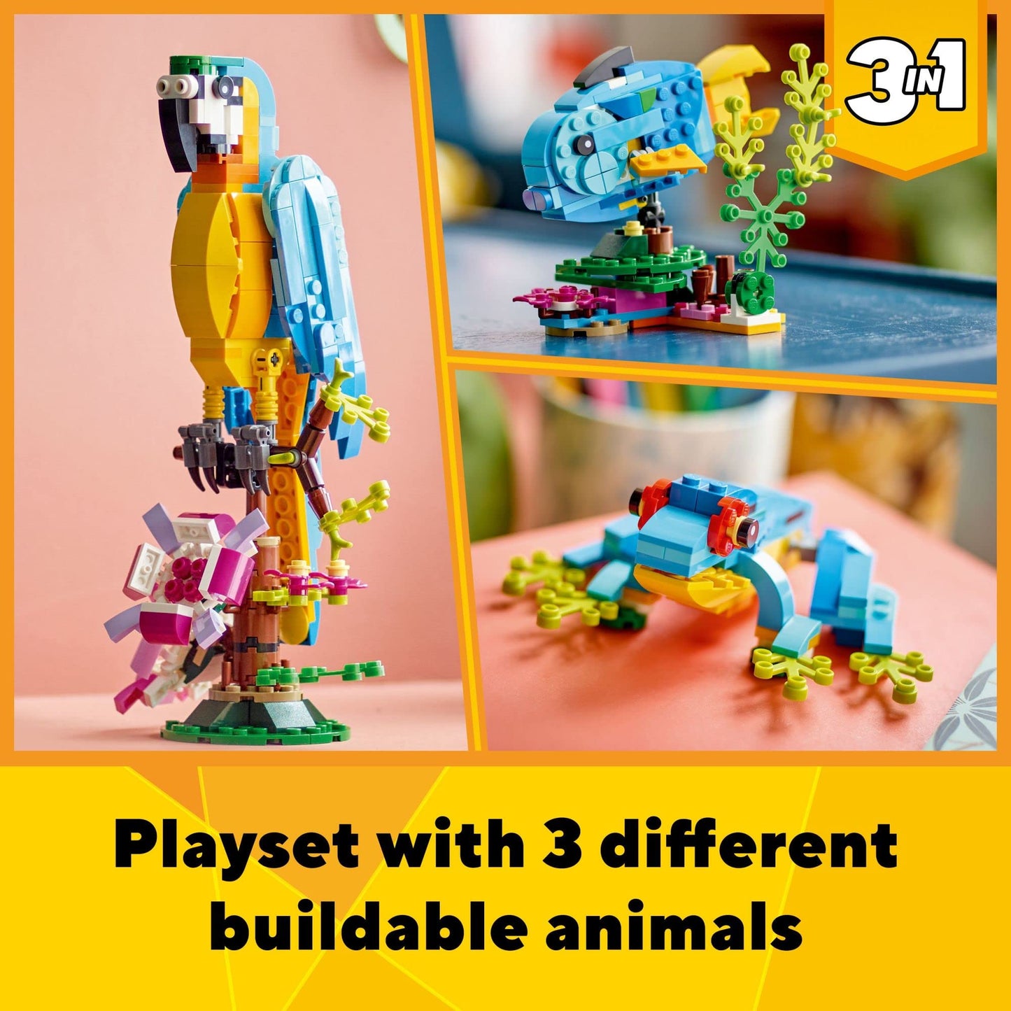 LEGO Creator 3 in 1 Exotic Parrot 31136, Build Colorful Parrot, Fish or Frog, Animal Building Toy Set for Kids Ages 7+, Creative Play Gift