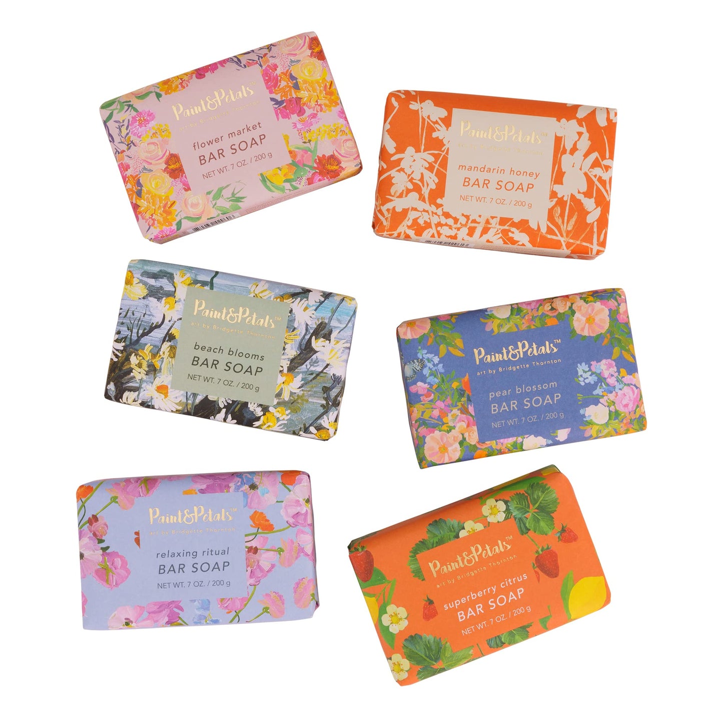 PAINT & PETALS Scented Bar Soap Set with 6 Different Scents and 2 Gift Bags, 7 Ounces Each