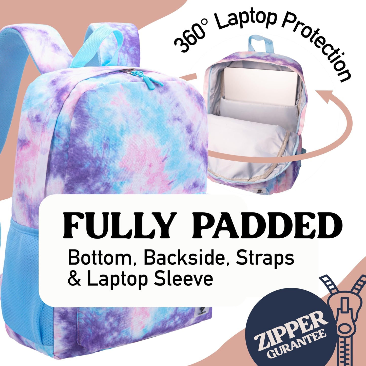 Fenrici Tie Dye Backpack with Lunch Box Set for Girls, School Bag with Laptop Compartment and Insulated Lunch Box, Tie Dye, Pink, Purple, Pastel