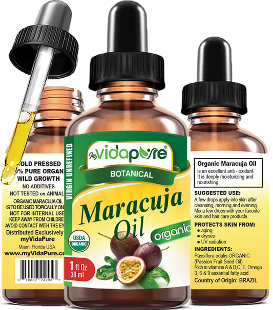 MYVIDAPURE Organic MARACUJA OIL Passion Fruit Certified Organic 100% Natural, Pure WILD GROWTH VIRGIN UNREFINED Brazilian for Skin, Face, Hair, Lip